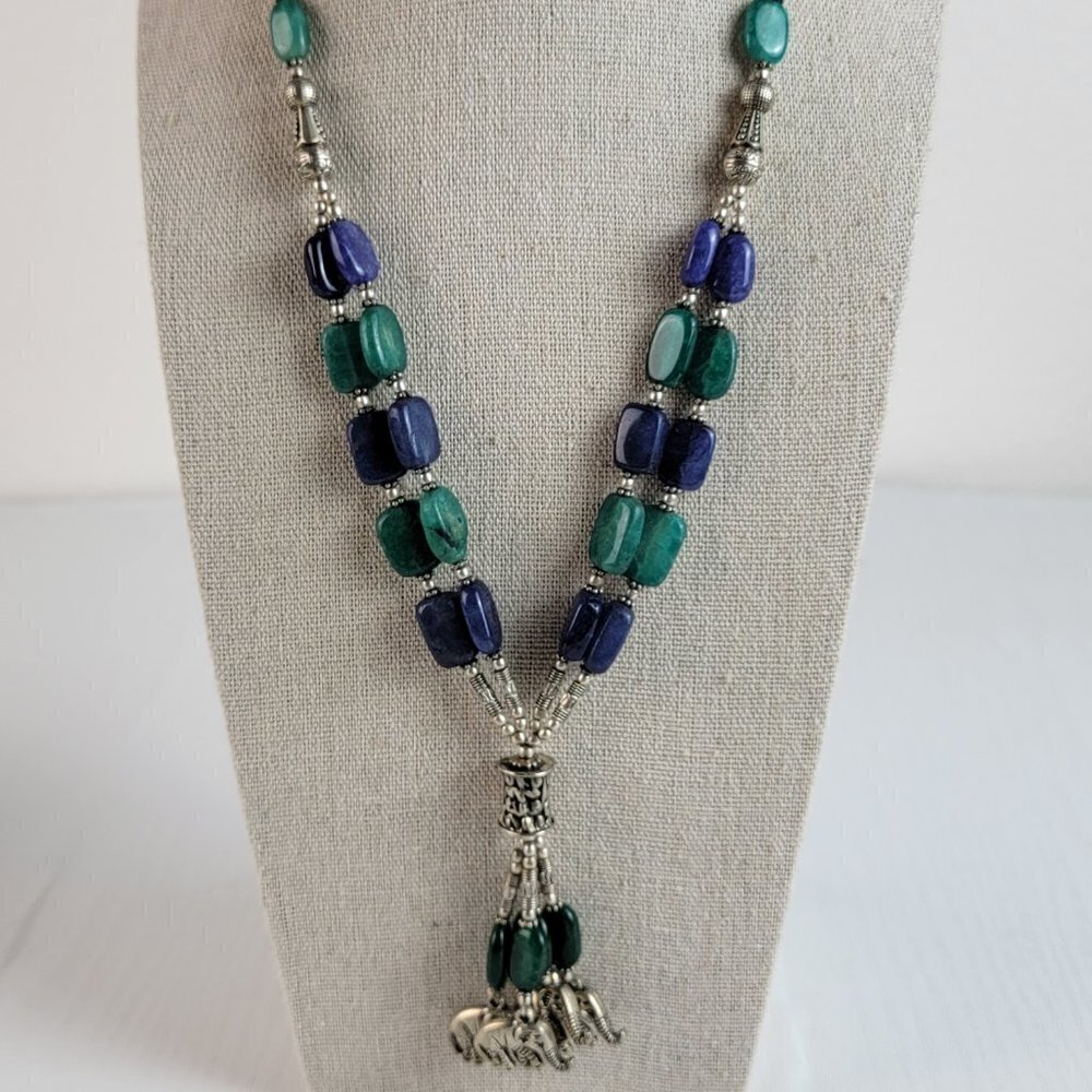 Sterling Silver Blue And Green Gemstone Figural Elephant Tassel Necklace 20 Inch